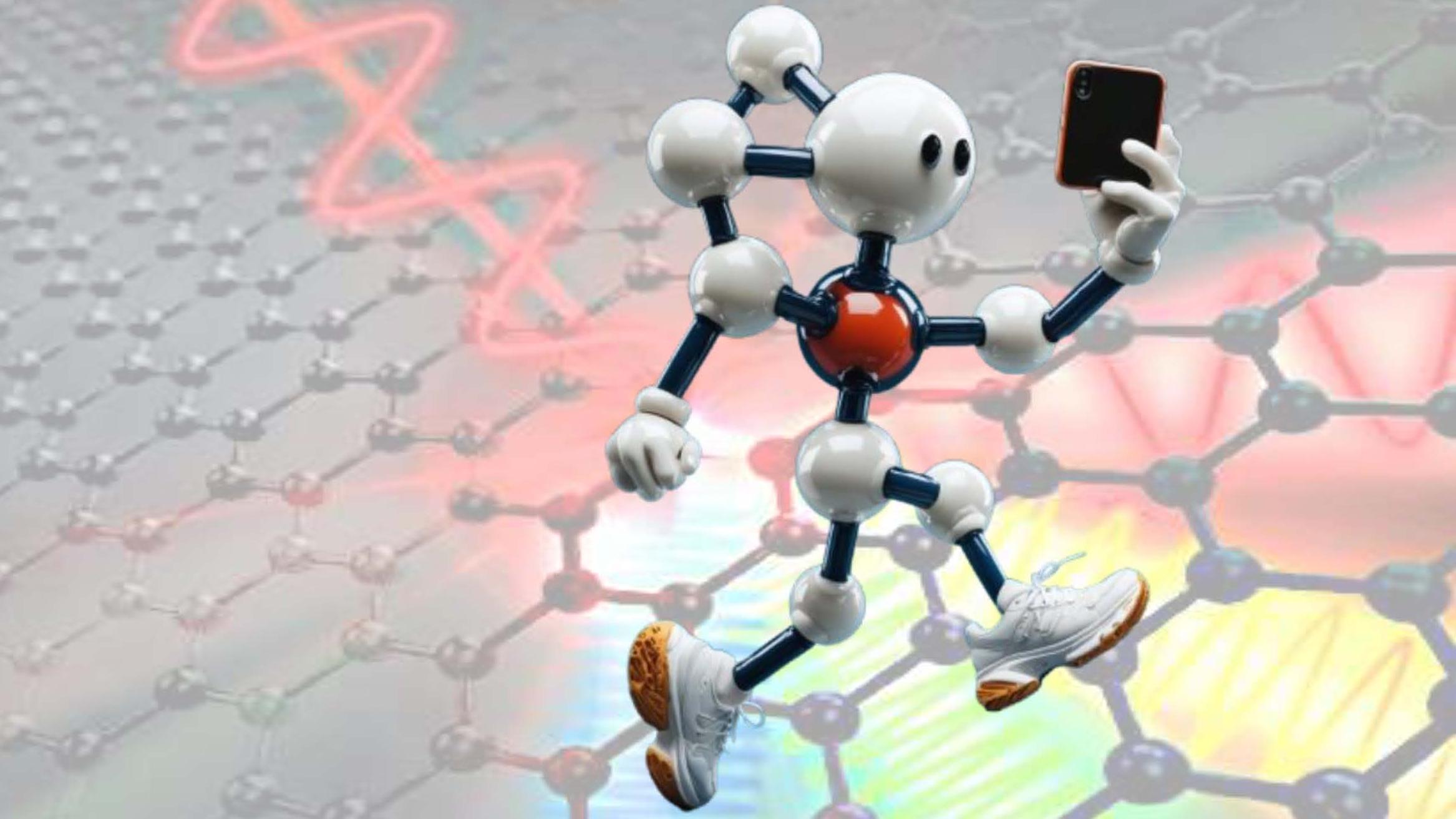 A cartoon a model of a molecule, running upright light a person, with the caption "Molecules can take selfies too!"