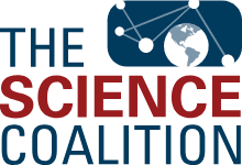 The Science Coalition logo featuring a globe with connected nodes in navy blue, and organization name in red and blue text